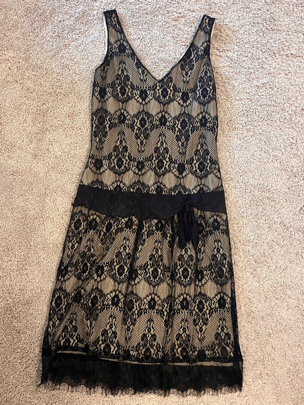jonathan martin Black Lace Overlay Dress with Nude Underlay